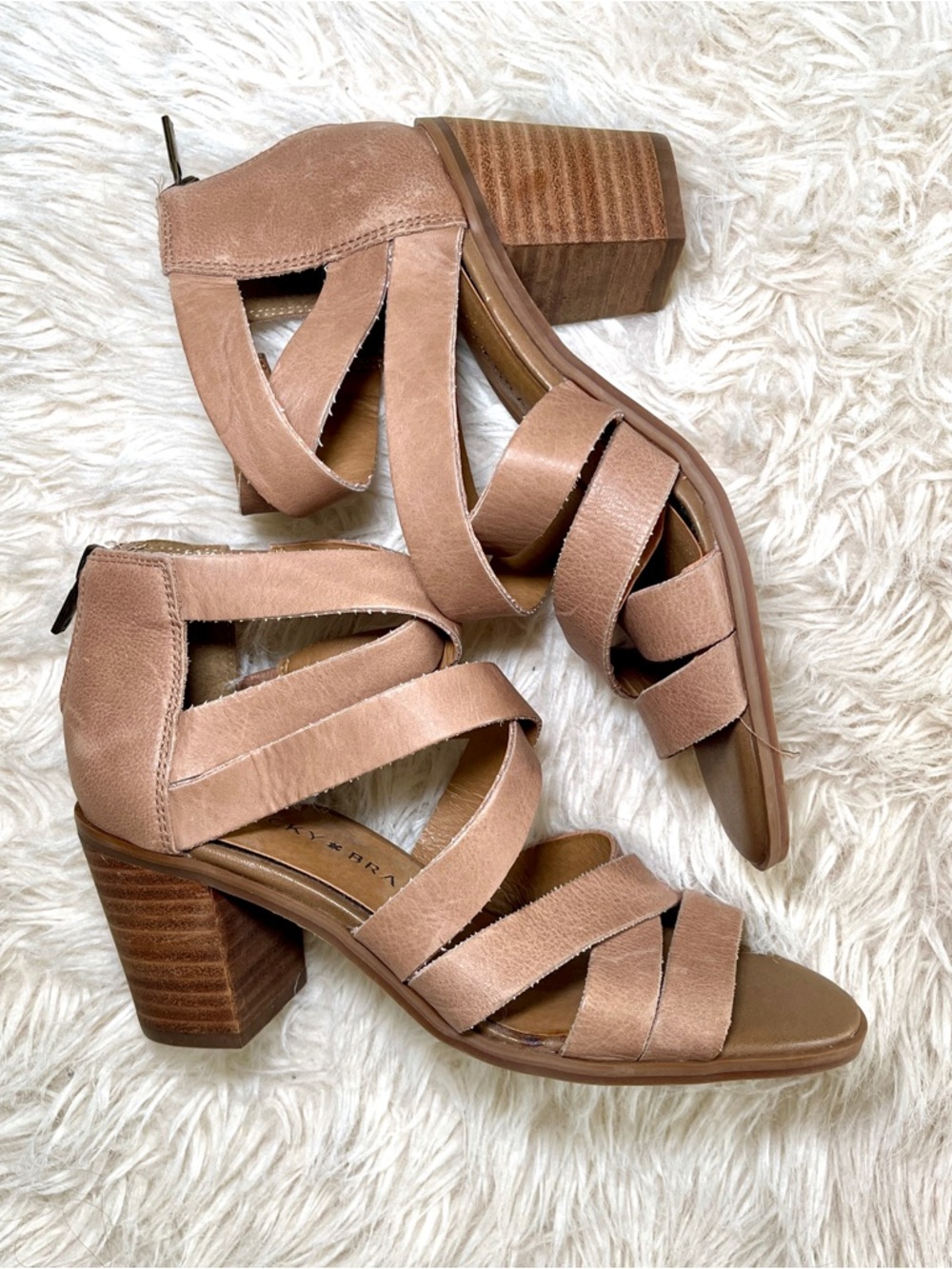 Lucky Brand Tan Leather Strappy Block Heel Sandals Size 6 New